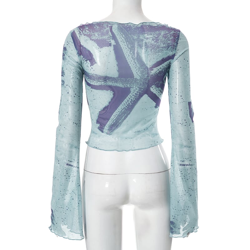 Starfish Mesh Graphic Print Flare Long Sleeve Shirt