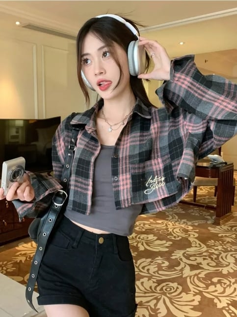 Pink & Black Plaid Cropped Long Sleeve Shirt