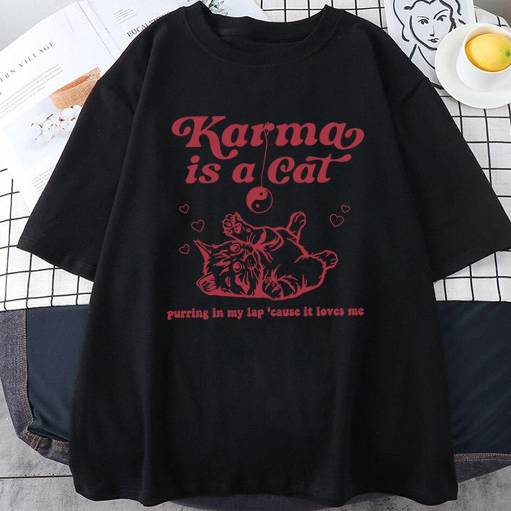 Karma Cat Print Short Sleeve T-shirt