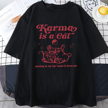 Karma Cat Print Short Sleeve T-shirt