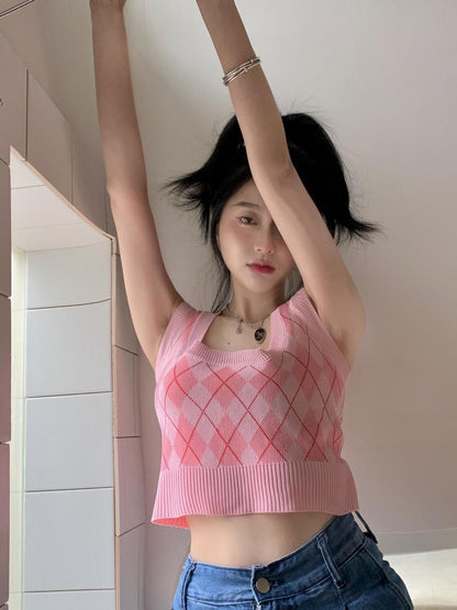 Pink Argyle Knit Tank Top