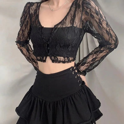 Black Lace V Neck Crop Top Cardigan