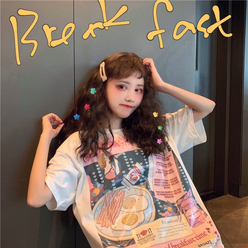 Cute Funny Cartoon Egg Bacon Breakfast Food Graphic Short Sleeve Shirt Tee T-shirt E-Girl Kawaii Korean Japanese Harajuku Chinese Retro Streetwear