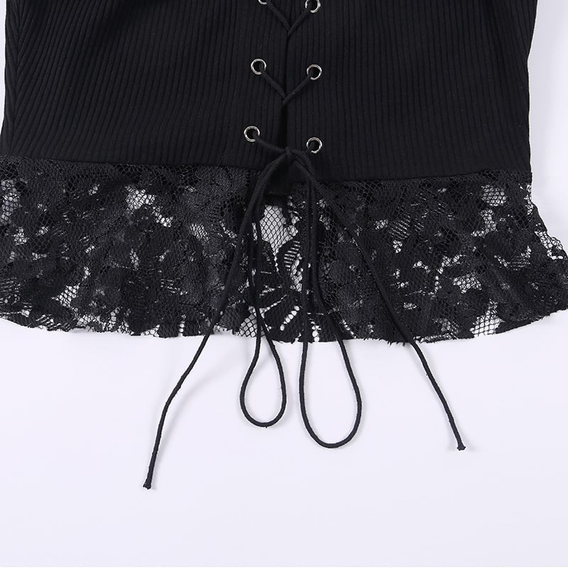 Sexy Black Goth Punk Lace Mesh Hallowout Eyelet Backless Transparent Patchwork T-shirt Top Corset E-Girl Kawaii Korean Japanese Harajuku Streetwear