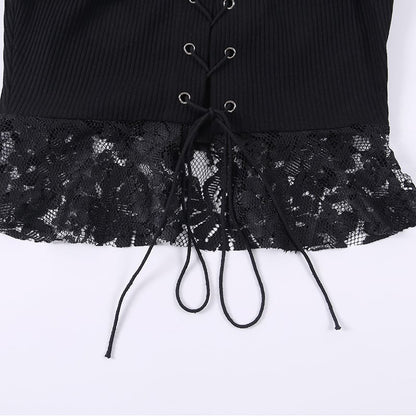 Sexy Black Goth Punk Lace Mesh Hallowout Eyelet Backless Transparent Patchwork T-shirt Top Corset E-Girl Kawaii Korean Japanese Harajuku Streetwear