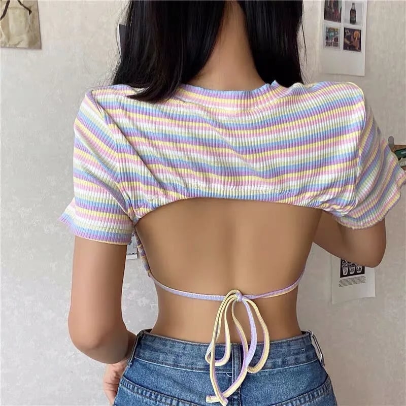 Rainbow Backless Short Sleeve Crop Top