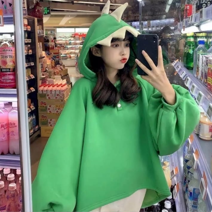 Cute 3D Dinosaur Cartoon Costume Loose Fleece Hoodie Jacket Sweatshirt Aesthetic Casual E-Girl Kawaii Korean Japanese Harajuku