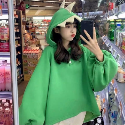 Cute 3D Dinosaur Cartoon Costume Loose Fleece Hoodie Jacket Sweatshirt Aesthetic Casual E-Girl Kawaii Korean Japanese Harajuku
