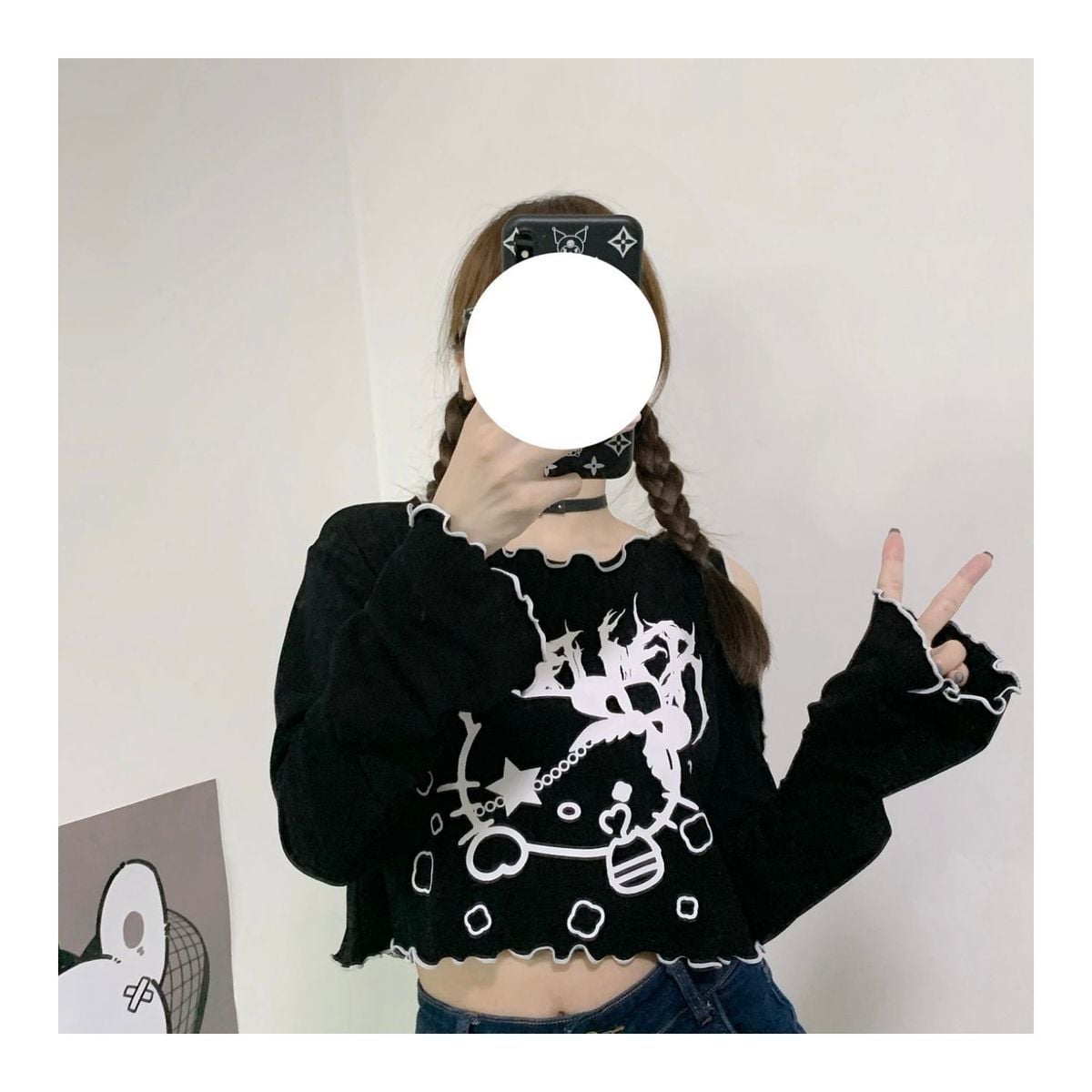 Cat Off Shoulder Frill Long Sleeve Shirt
