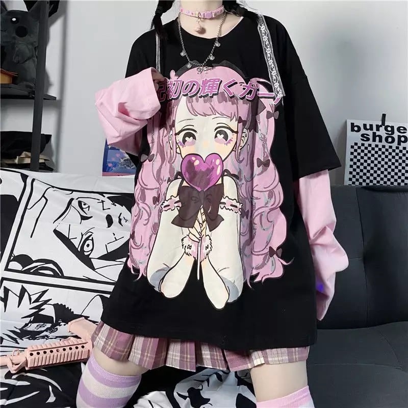 Cute Aesthetic Black Anime Girl Cartoon Print Short Sleeve Shirt Oversized Loose T-shirt Top Goth E-Girl Kawaii Korean Japanese Harajuku Streetwear