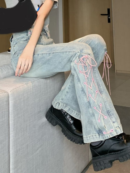 Pink Lace Up Bow Flare High Waist Jeans