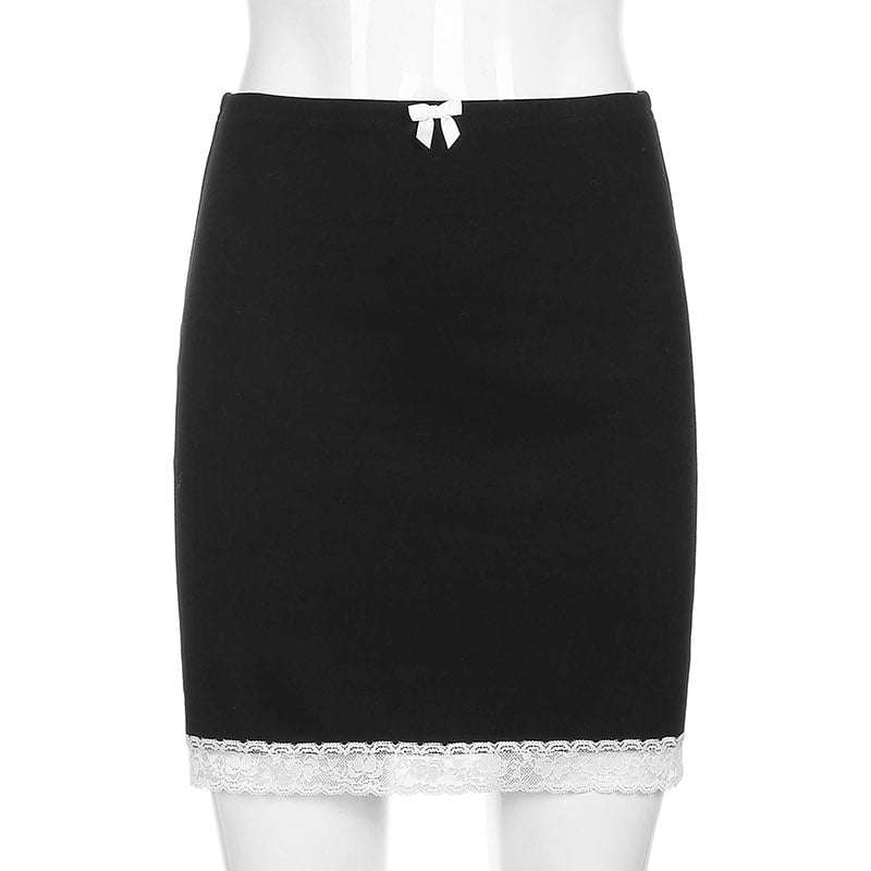 Cute Sexy 90s Vintage Sweet Bow Lace Trim Solid Black High Waisted Mini Skirt Bottoms Aesthetic Goth E-Girl Kawaii Korean Japanese Harajuku Streetwear