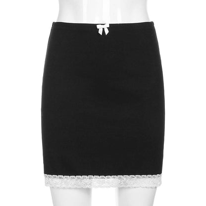 Cute Sexy 90s Vintage Sweet Bow Lace Trim Solid Black High Waisted Mini Skirt Bottoms Aesthetic Goth E-Girl Kawaii Korean Japanese Harajuku Streetwear