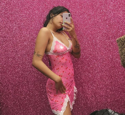 Cute Pink Cherry Lace Up Bodycon Mini Dress Fashion Party Print E-Girl Kawaii Korean Japanese Harajuku Retro Streetwear