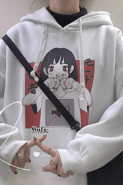 Anime Girl Cartoon Print Graphic White long Sleeve Hoodie Sweater Sweatshirt Pullover Top E-Girl Kawaii Korean Japanese Harajuku Streetwear