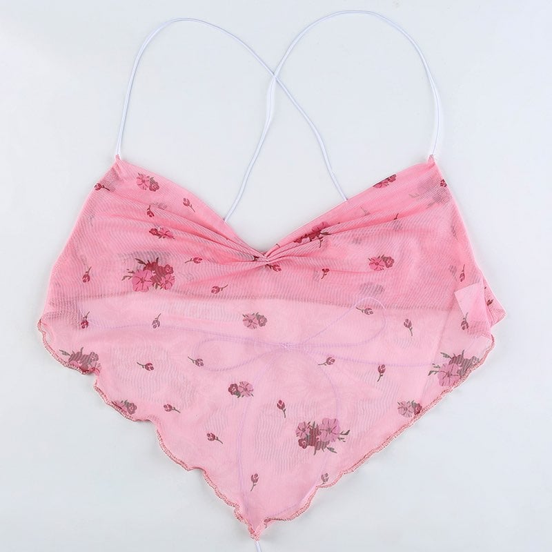 Cute Pink Blue Flower Print Mesh Halter Crop Top Blouse Sleeveless Shirt Club Party Summer Casual E-Girl Kawaii Korean Japanese Harajuku Streetwear
