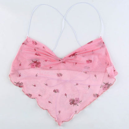 Cute Pink Blue Flower Print Mesh Halter Crop Top Blouse Sleeveless Shirt Club Party Summer Casual E-Girl Kawaii Korean Japanese Harajuku Streetwear