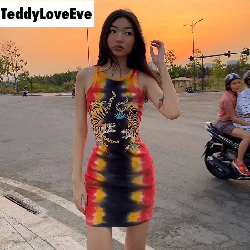 Cute Sexy Tiger Punk Tie Dye Graphic Ribbed Sleeveless Bodycon Dress E-Girl Kawaii Korean Japanese Harajuku Chinese Retro Streetwear Aesthetic