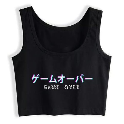 Cute Black Kanji Game Over Vaporwave Crop Top Tank Sleeveless Shirt Aesthetic Casual E-Girl Kawaii Korean Japanese Harajuku