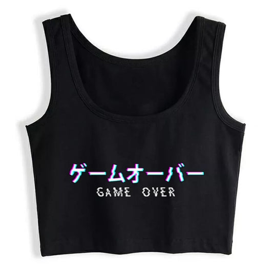 Cute Black Kanji Game Over Vaporwave Crop Top Tank Sleeveless Shirt Aesthetic Casual E-Girl Kawaii Korean Japanese Harajuku