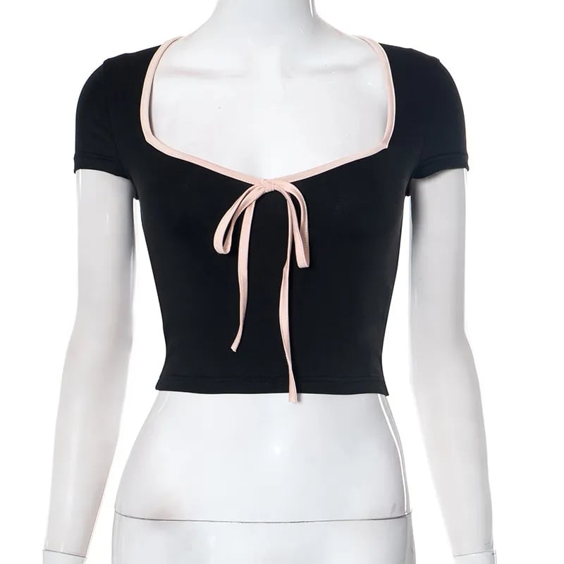 Black Crop Top With Pink Bow