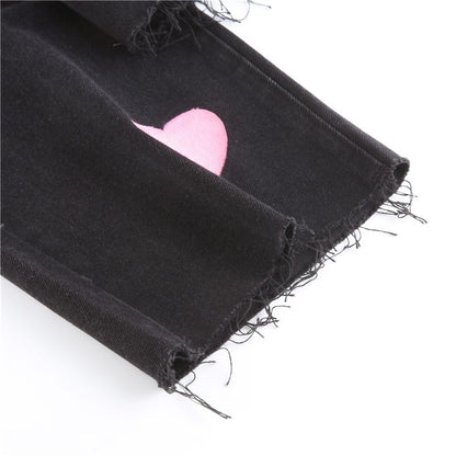 Cute Vintage Pink Heart Print Black Denim Jeans Straight High Waist Long Trouser Pants Autumn Casual E-Girl Kawaii Korean Japanese Harajuku Streetwear
