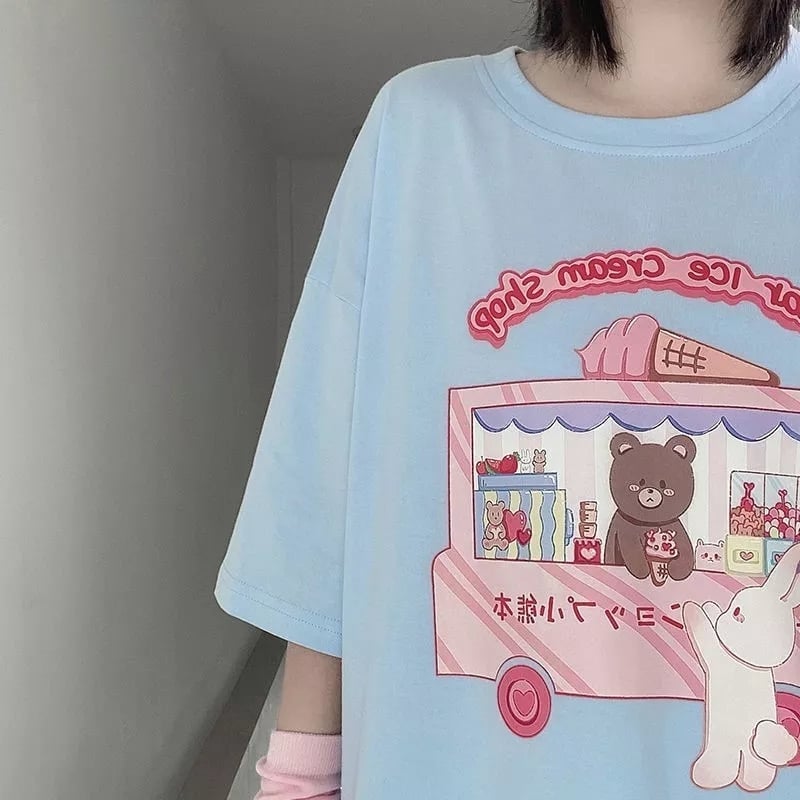 Sweet Bear Ice Cream Shop Print Loose Short Sleeve T-shirt