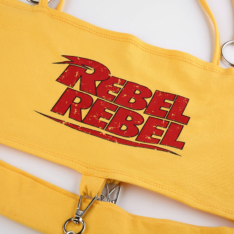 Sexy Yellow Rebel Letter Print Biker Punk Goth Hallow Out Metal Chain Crop Top Tank E-Girl Kawaii Korean Japanese Harajuku Retro Streetwear