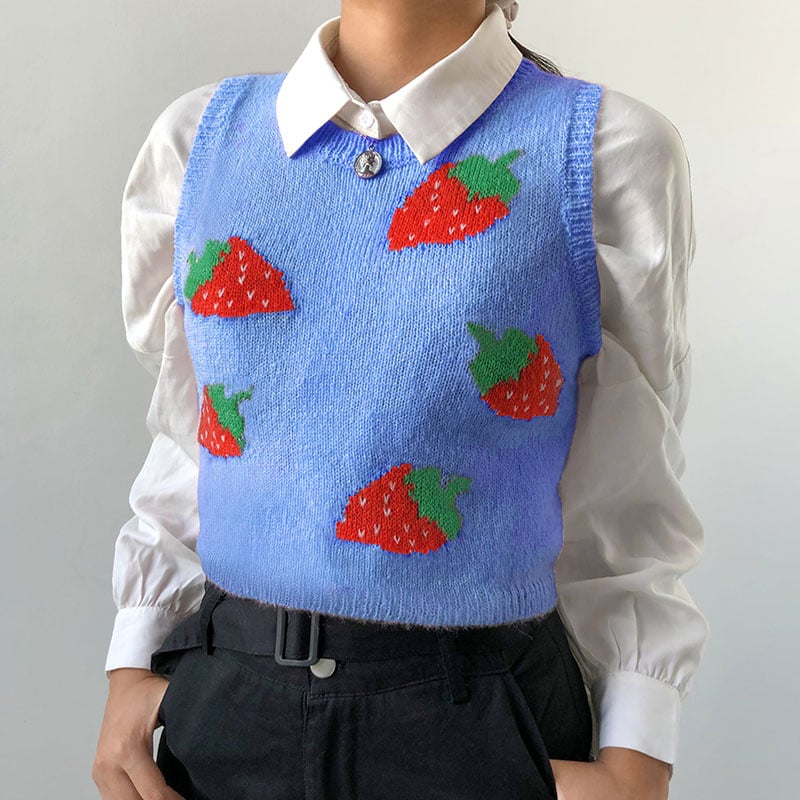 Cute Pink Strawberry V Neck Sleeveless Knit Crop Top Sweater Sweatshirt Pullover Jumper E-Girl Kawaii Korean Japanese Harajuku Streetwear
