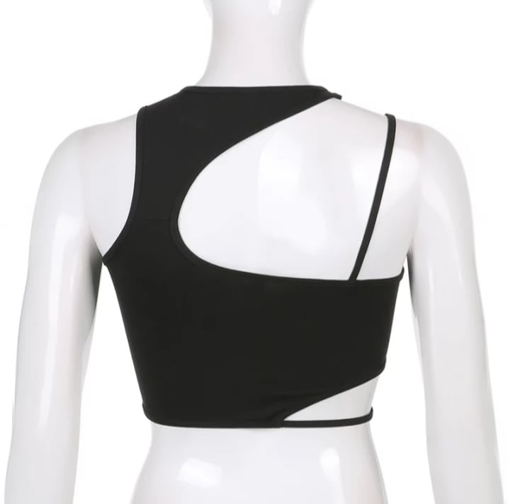 Cute Sexy Black Strappy Hollow Out Tank Crop Top Sleeveless Shirt Punk Goth Summer Aesthetic Casual E-Girl Kawaii Korean Japanese Harajuku