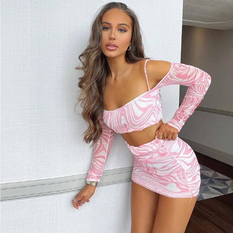 2PCS Pink Off Shoulder Sling Long Sleeve Crop Top + Skirt