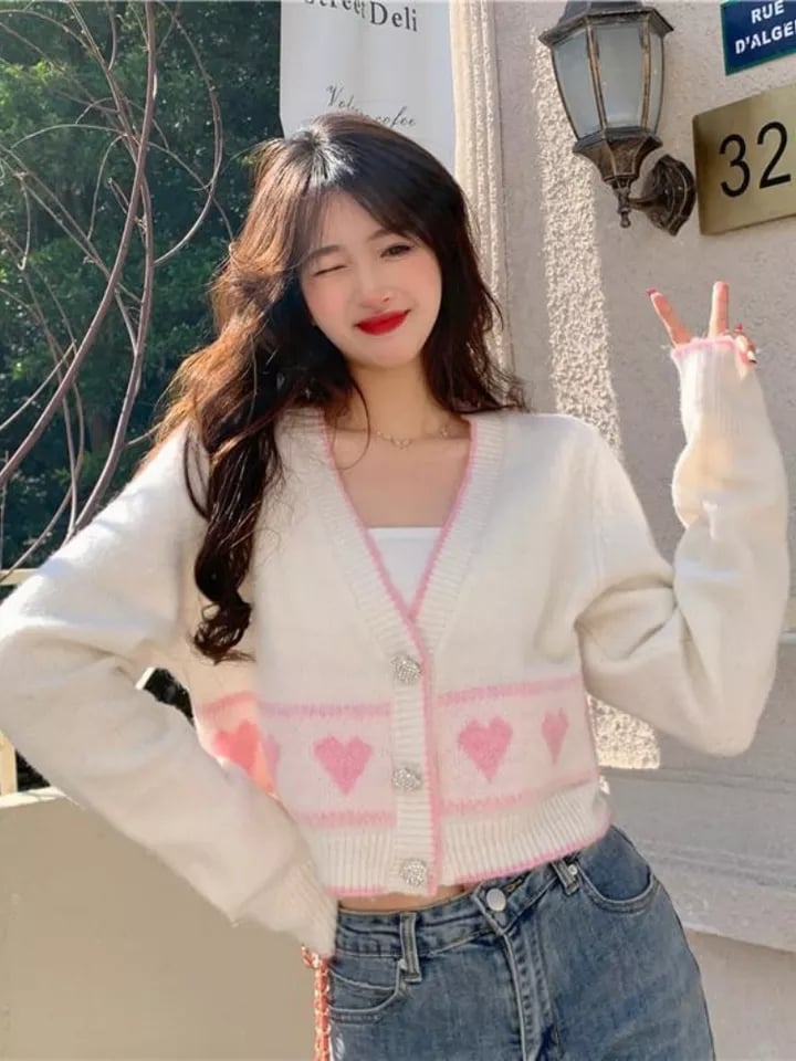 Heart Button Cropped Long Sleeve Cardigan