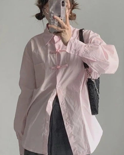 Pink Button Loose Long Sleeve Blouse