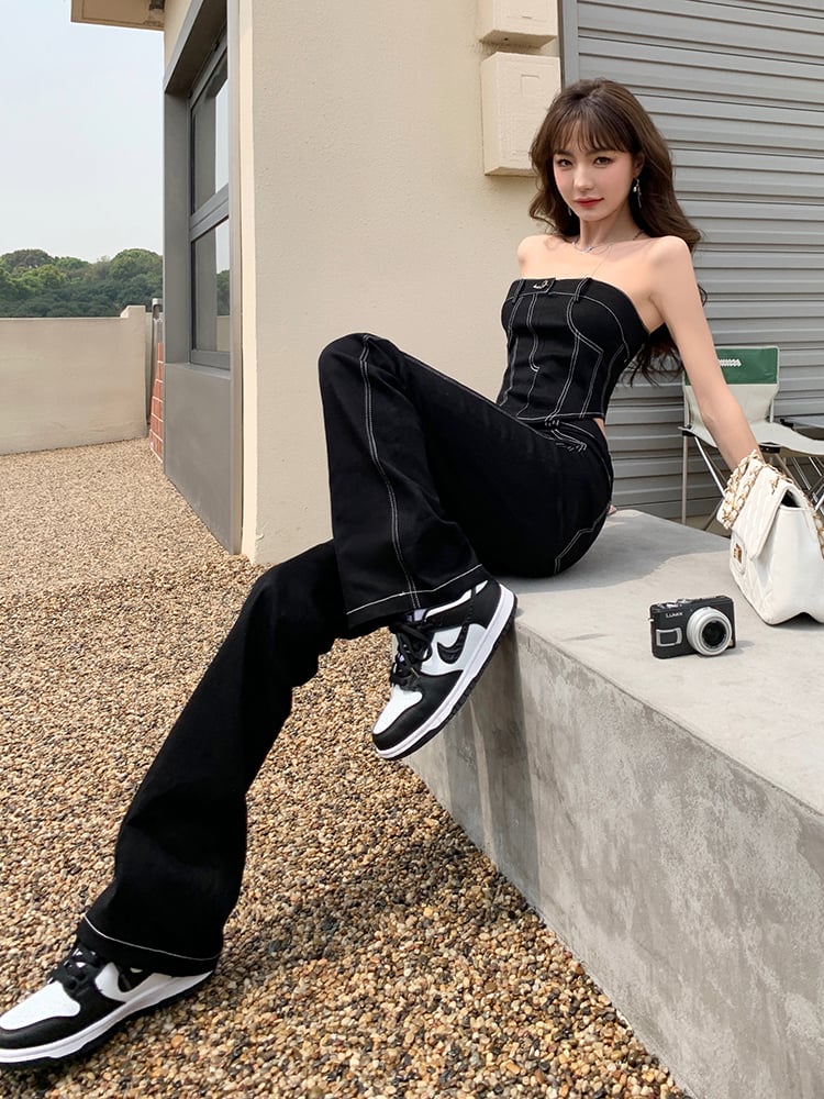 2PCS Black Denim Corset + Straight Flare Jeans