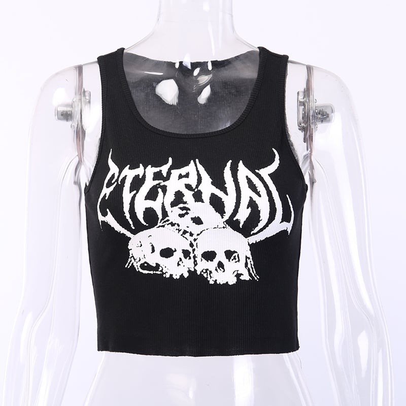Black Skull Print Knit Ruffle Tank Top Cropped Sleeveless Shirt Causal Goth Punk Causal Summer E-Girl Kawaii Korean Japanese Harajuku Streetwear