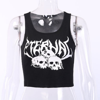 Black Skull Print Knit Ruffle Tank Top Cropped Sleeveless Shirt Causal Goth Punk Causal Summer E-Girl Kawaii Korean Japanese Harajuku Streetwear