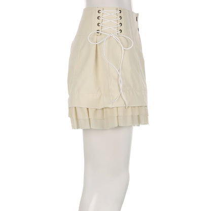 Beige Coquette Patchwork Tie Up High Waist Shorts