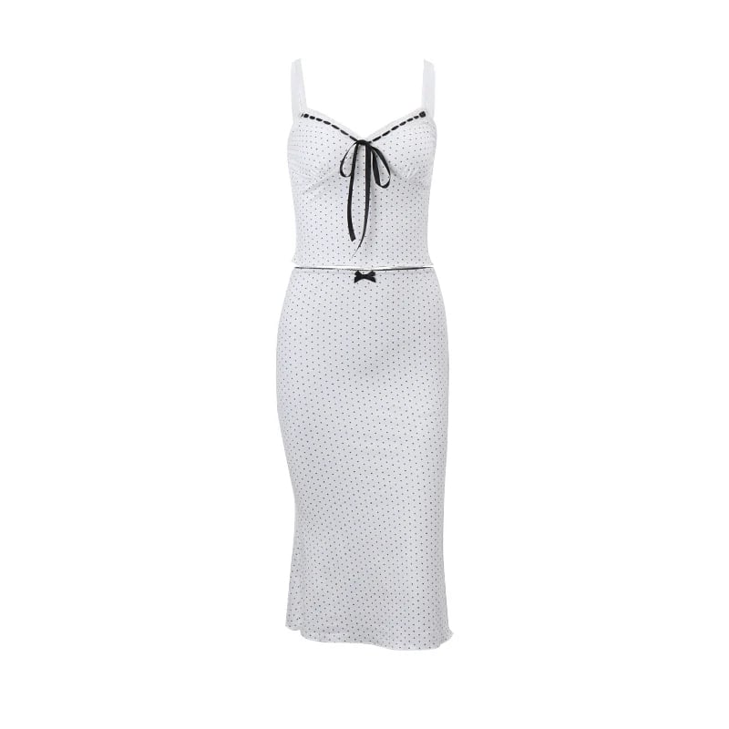 2PCS Polka Dot Bow Tie Tank Top + Long Skirt