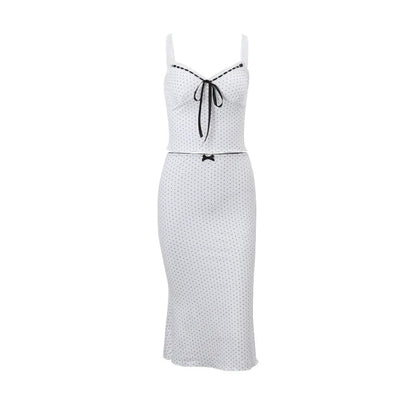 2PCS Polka Dot Bow Tie Tank Top + Long Skirt