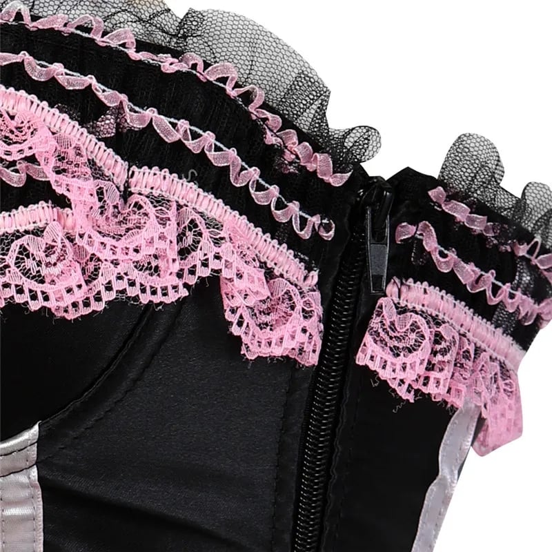 Black & Pink Lace Up Bustier Corset