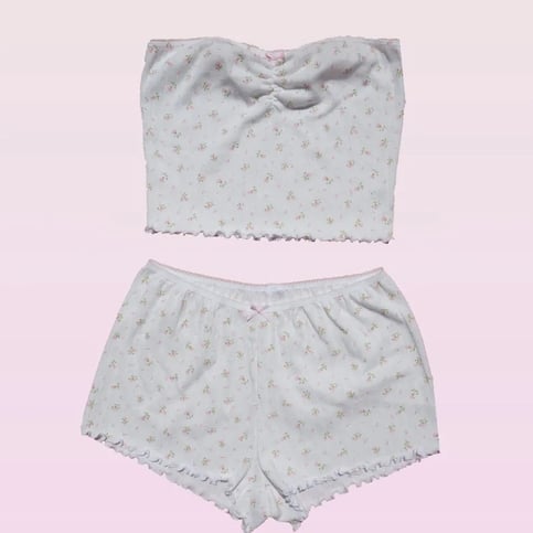 2PCS Pink Floral Print Frill Strapless Top + Shorts Set