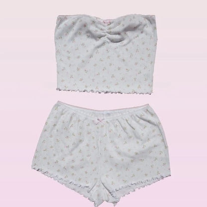 2PCS Pink Floral Print Frill Strapless Top + Shorts Set