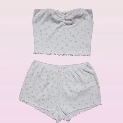 2PCS Pink Floral Print Frill Strapless Top + Shorts Set