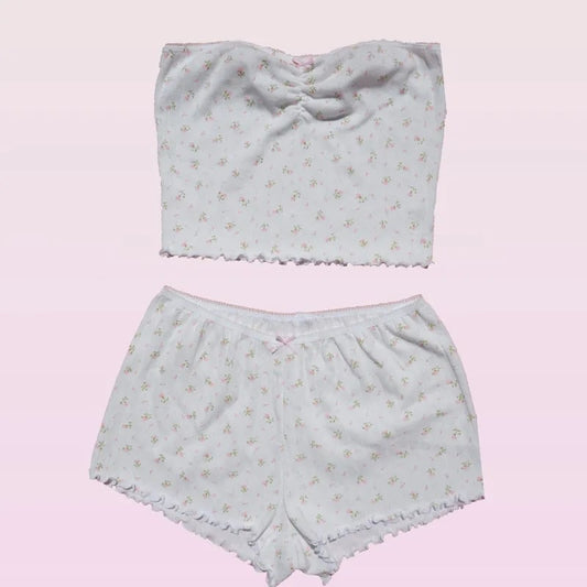 2PCS Pink Floral Print Frill Strapless Top + Shorts Set