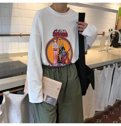 Cute White Music Band Cartoon Print Oversize Loose Long Sleeve Shirt Top T-shirt O Neck Casual E-Girl Kawaii Korean Japanese Harajuku Streetwear