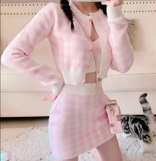 Purple Plaid 3pcs Set Long Sleeve Cardigan + Crop Top + Mini Skirt Summer Aesthetic Casual E-Girl Kawaii Korean Japanese Harajuku