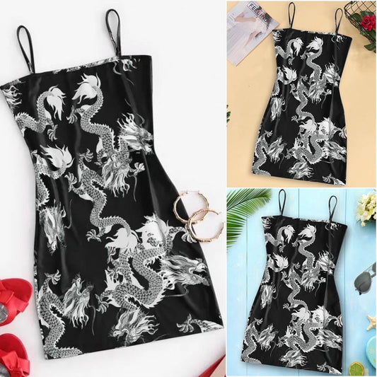 Cute Sexy Dragon Print Sleeveless Split Club Bodycon Mini Dress Party E-Girl Kawaii Korean Japanese Harajuku Chinese Retro Streetwear Aesthetic