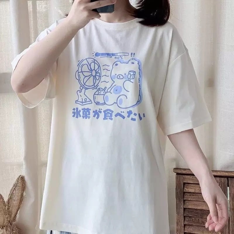 Sweet Bear Anime Cartoon Print Loose Short Sleeve T-shirt Top Summer Causal Goth Punk E-Girl Kawaii Korean Japanese Harajuku Streetwear