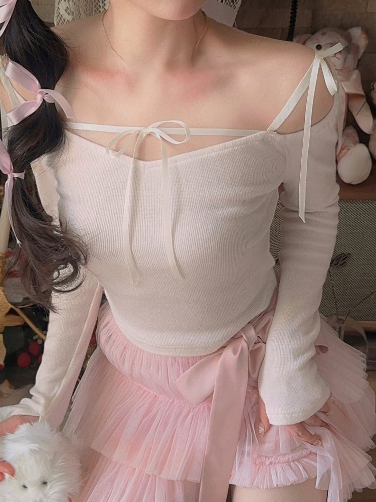 Sweet Bow Off Shoulder Long Sleeve Blouse