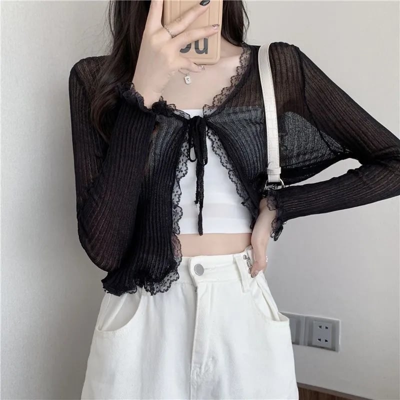 Sheer Lace Long Sleeve Cropped Cardigan